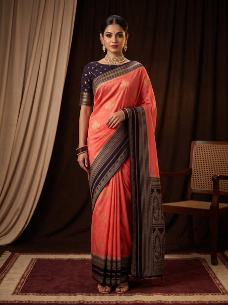 MIMOSA Peach Mysore Silk crepe Saree — AI Model lifestyle pose 1