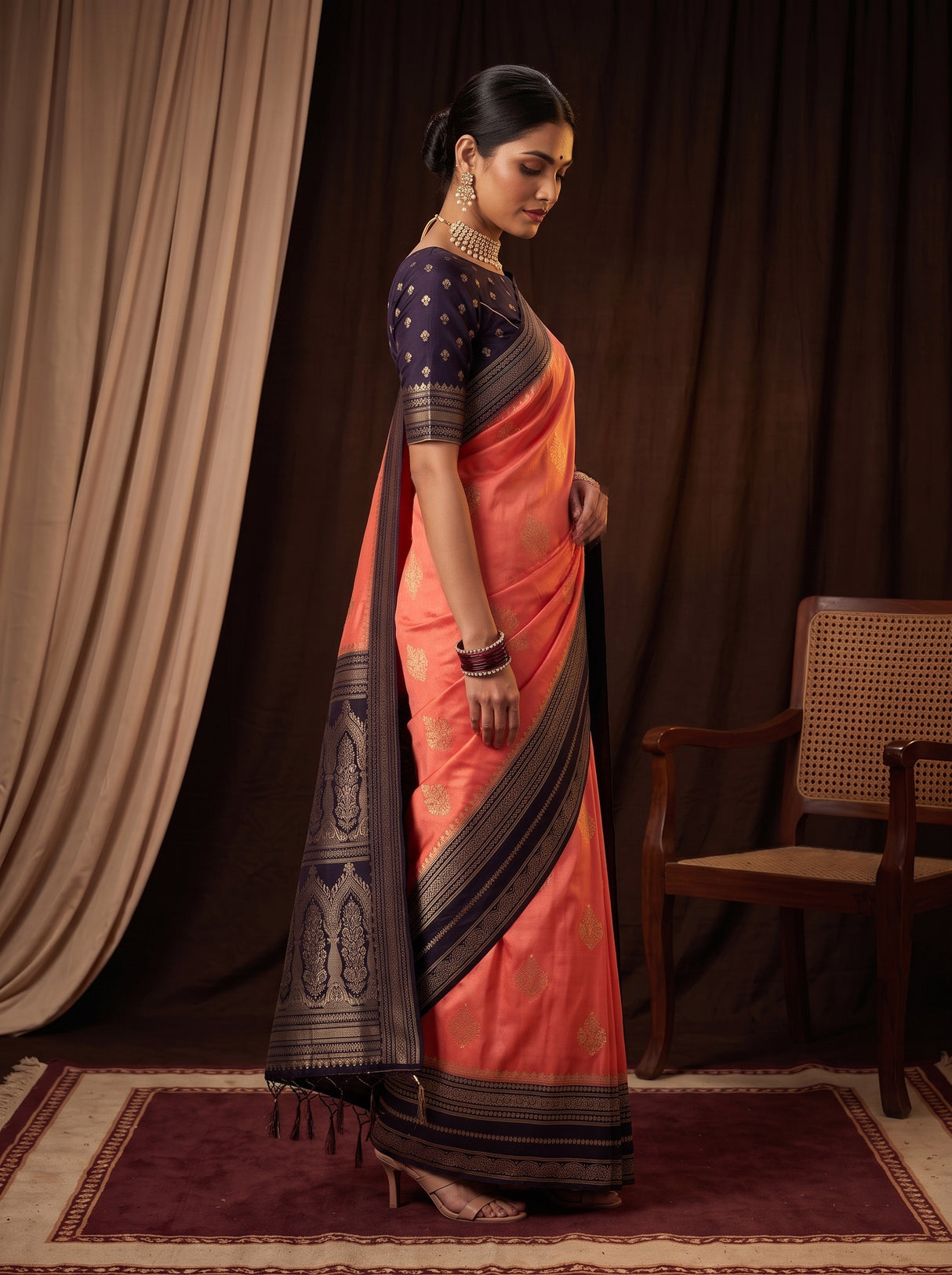 MIMOSA Peach Mysore Silk crepe Saree — pose 3 styling detail