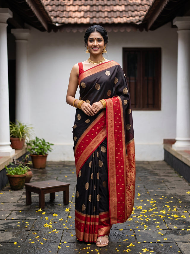 MIMOSA Chocolate Mysore Silk Crepe Saree — AI model lifestyle pose