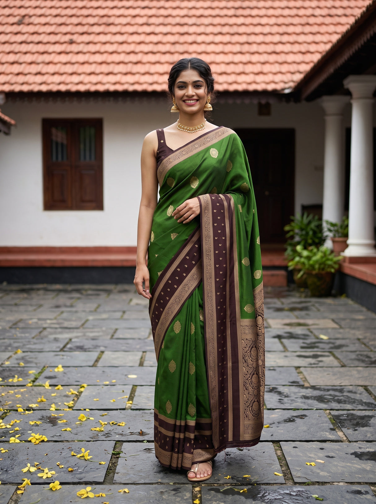 MIMOSA Green Saree Saree — front view on mannequin