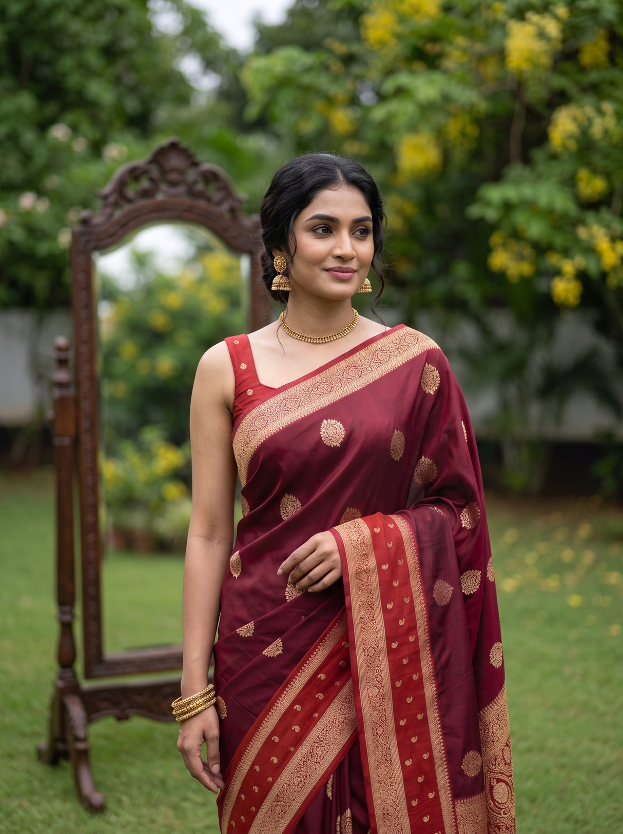 MIMOSA Maroon Saree Saree — pose 10 styling detail
