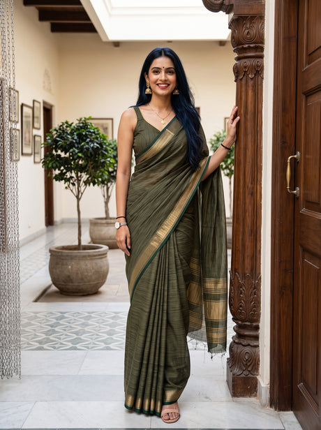 MIMOSA Bottle Green Saree Saree — front view on mannequin