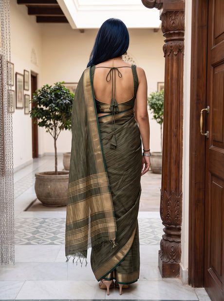 MIMOSA Bottle Green Saree Saree — pose 2 styling detail
