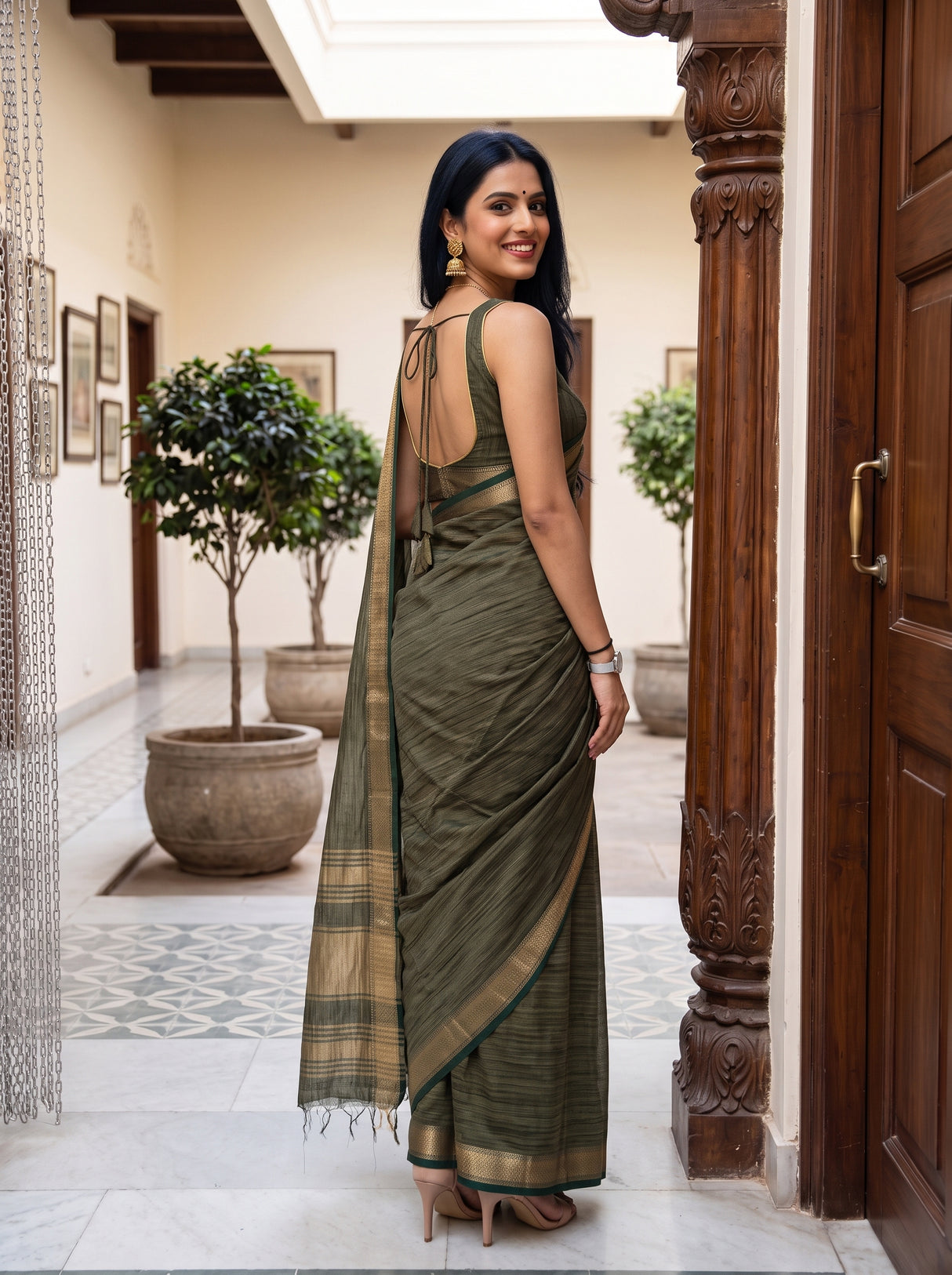 MIMOSA Bottle Green Saree Saree — pose 7 styling detail