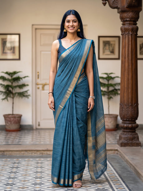 MIMOSA Sapphire Saree Saree — front view on mannequin