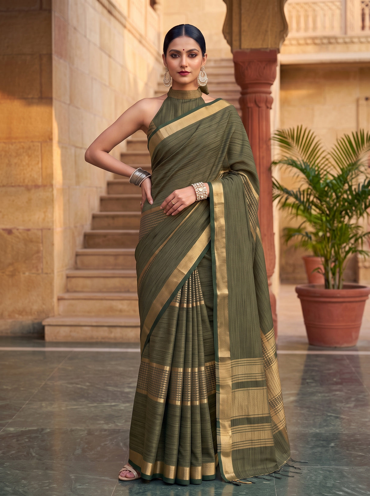 MIMOSA Bottle Green Saree Saree — pose 4 styling detail