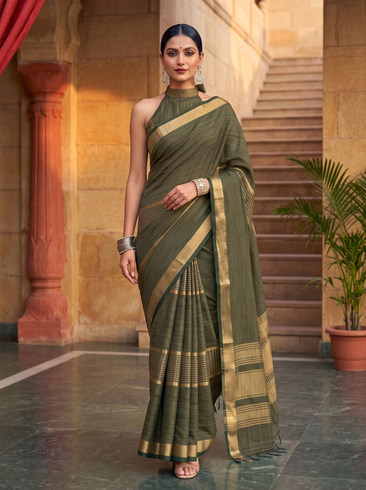 MIMOSA Bottle Green Saree Saree — pose 6 styling detail