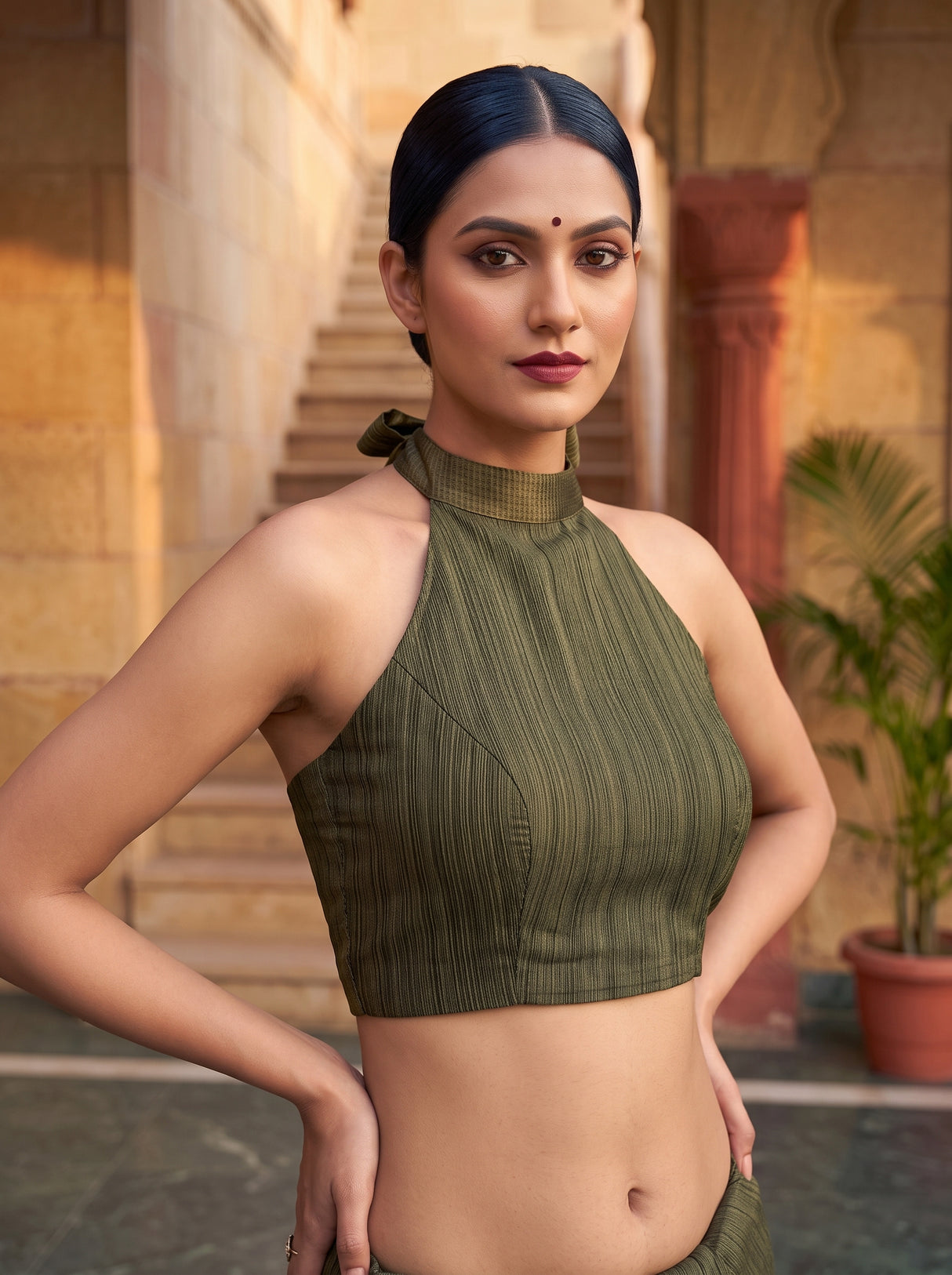 MIMOSA Bottle Green Saree Saree — blouse close-up