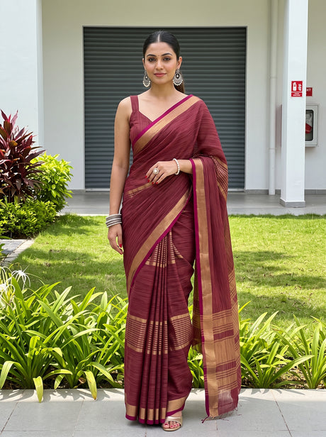 MIMOSA Wine Saree Saree — front view on mannequin