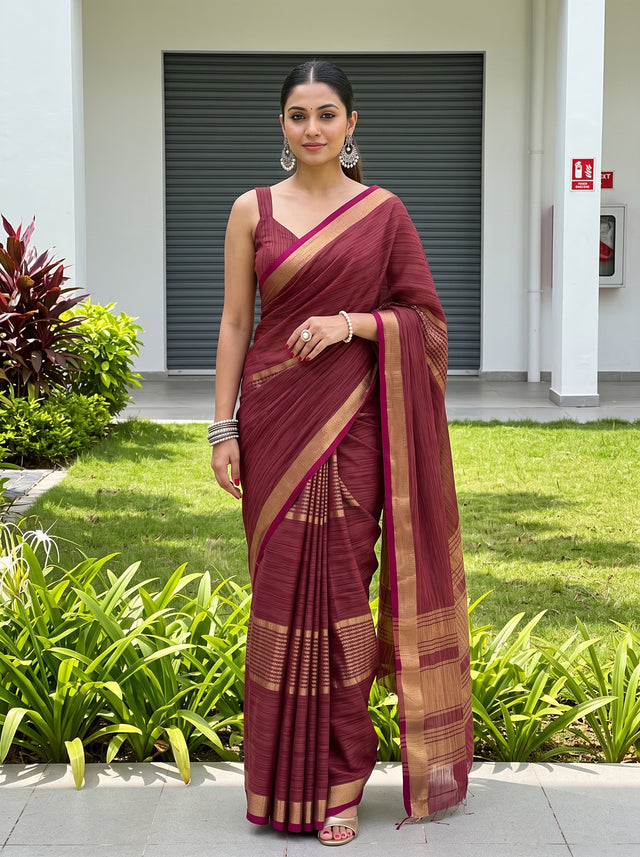 MIMOSA Wine Saree Saree — front view on mannequin