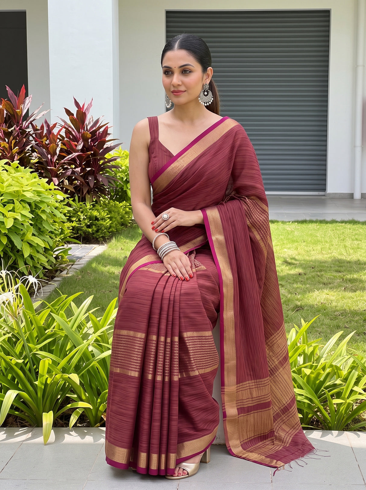 MIMOSA Wine Saree Saree — pose 8 styling detail