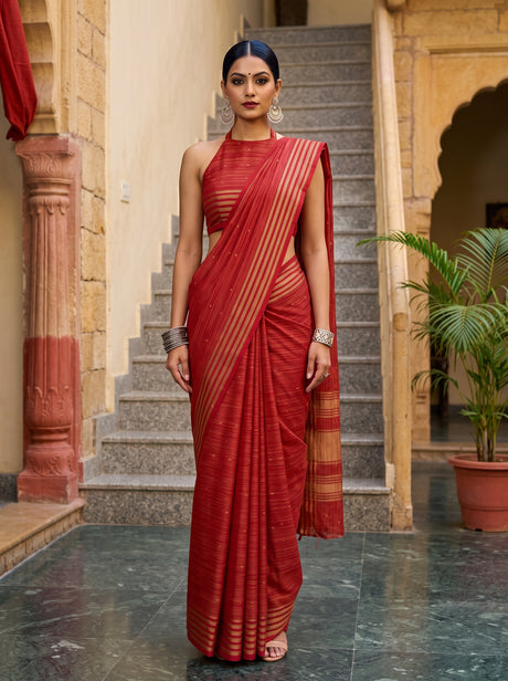MIMOSA Red Saree Saree — front view on mannequin