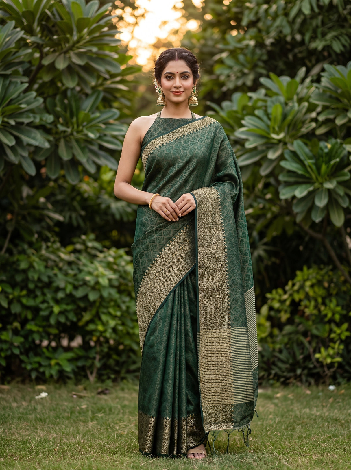 MIMOSA Bottle Green Banarasi tusser Saree — AI Model lifestyle pose