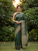 MIMOSA Bottle Green Banarasi tusser Saree — AI Model lifestyle pose
