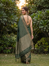 MIMOSA Bottle Green Banarasi tusser Saree — Saree pallu and body shot