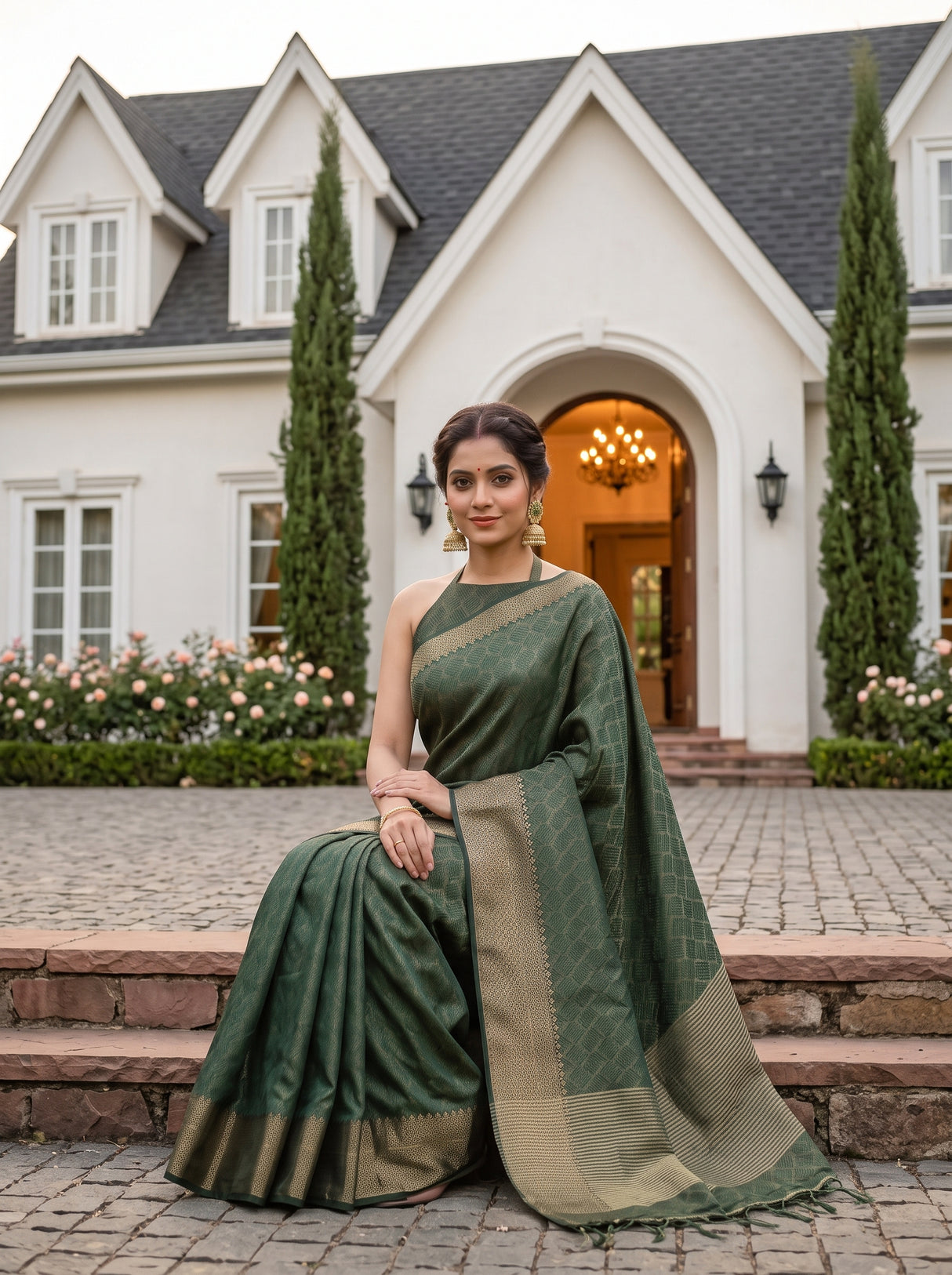 MIMOSA Bottle Green Saree Saree — pose 8 styling detail