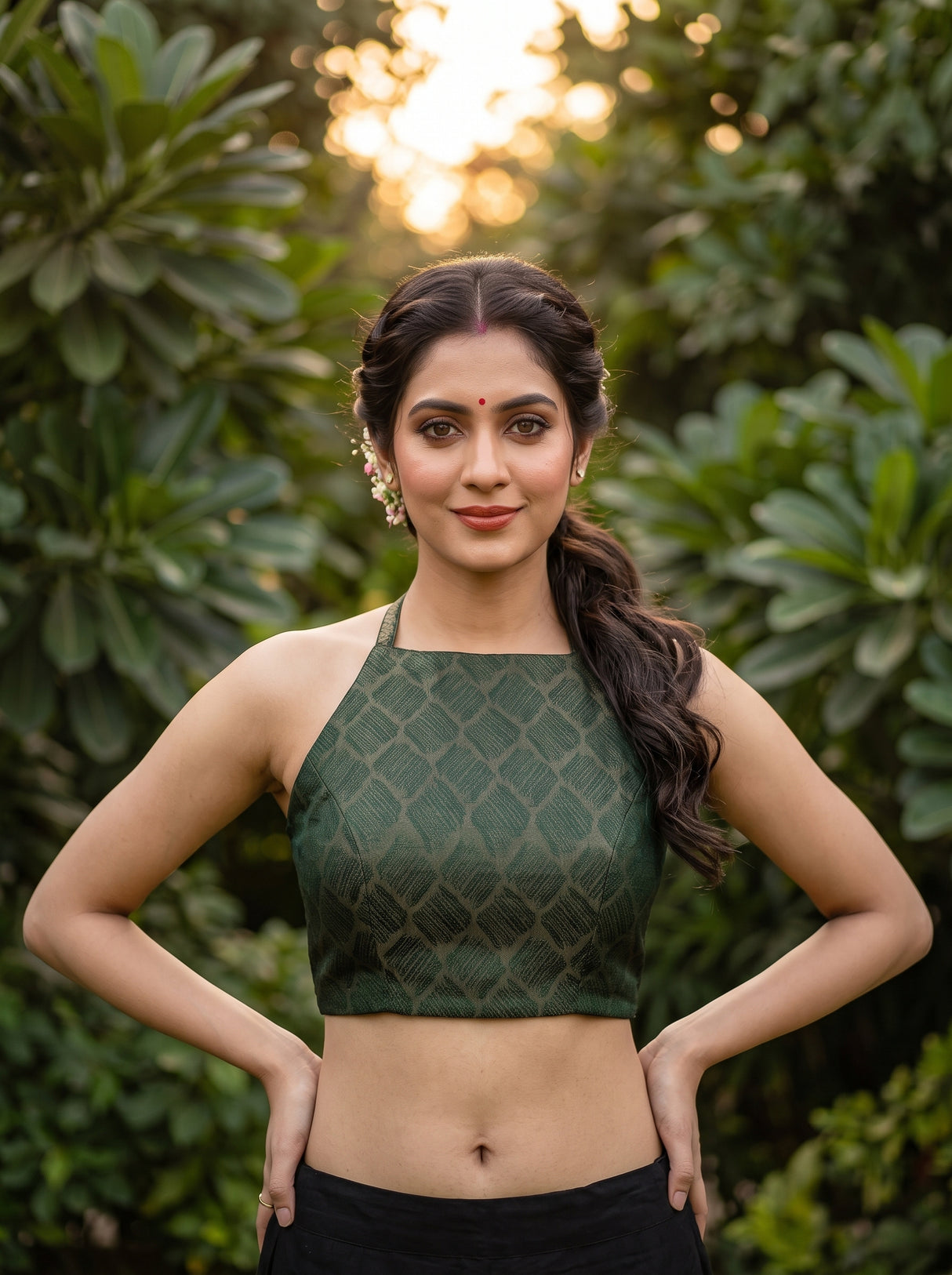 MIMOSA Bottle Green Saree Saree — blouse close-up