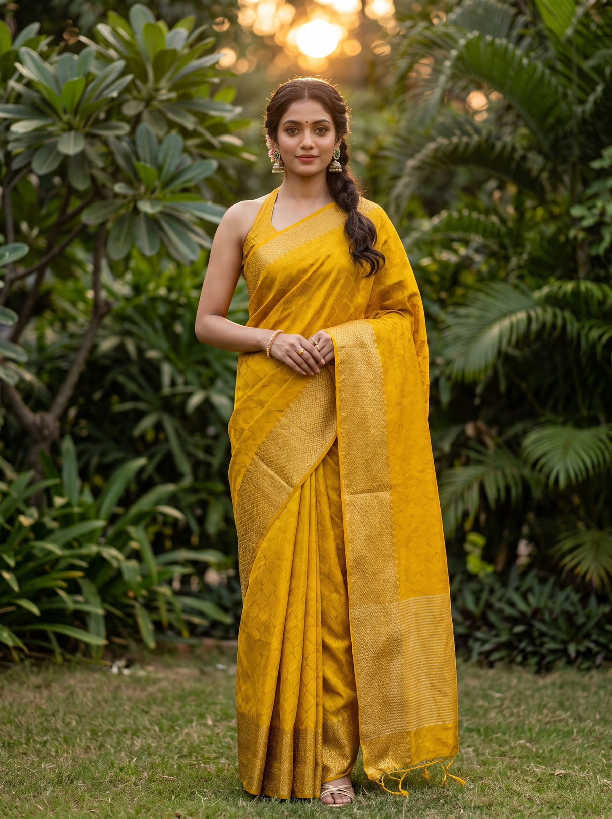 MIMOSA Gold Banarasi tusser Saree — AI Model lifestyle pose