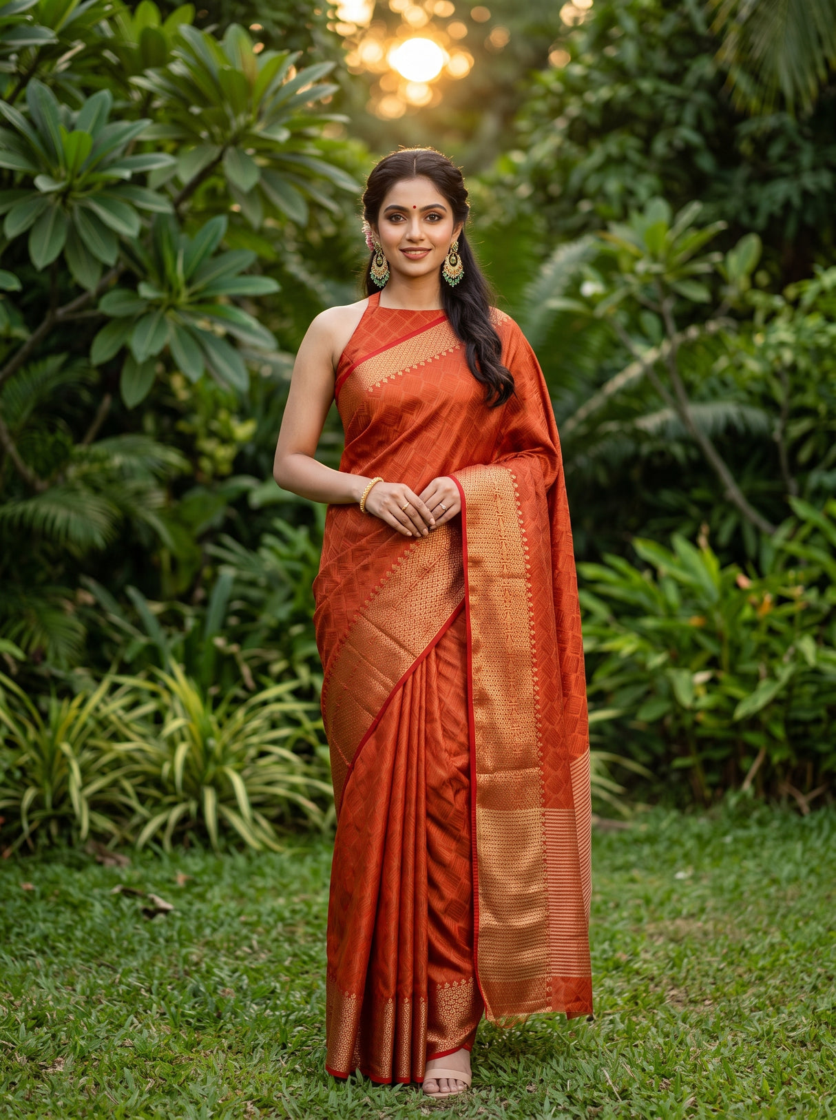 MIMOSA Orange Banarasi tusser Saree — AI Model lifestyle pose