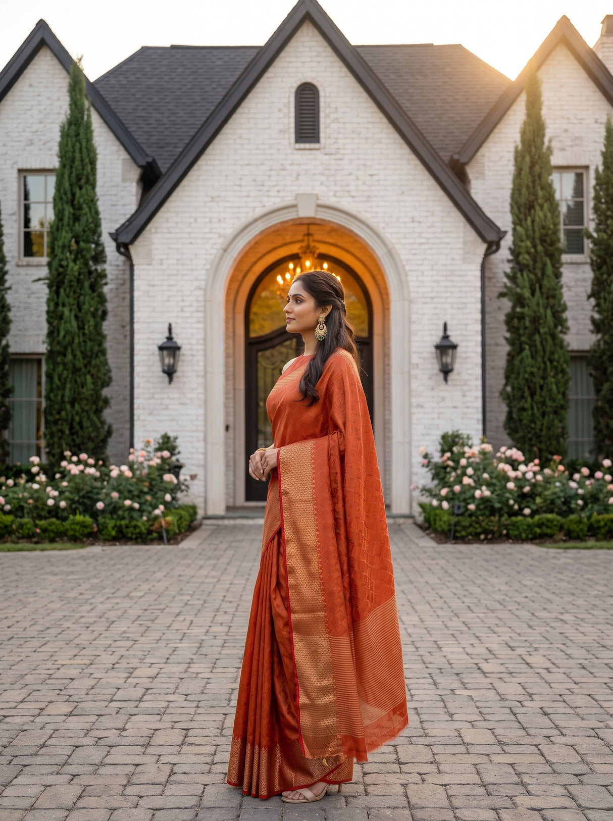 MIMOSA Orange Banarasi tusser Saree — Saree pallu and body shot