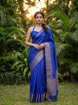 MIMOSA Royal Blue Banarasi tusser Saree — AI Model lifestyle pose