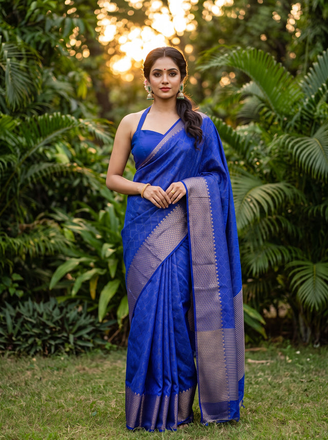 MIMOSA Royal Blue Banarasi tusser Saree — AI Model lifestyle pose