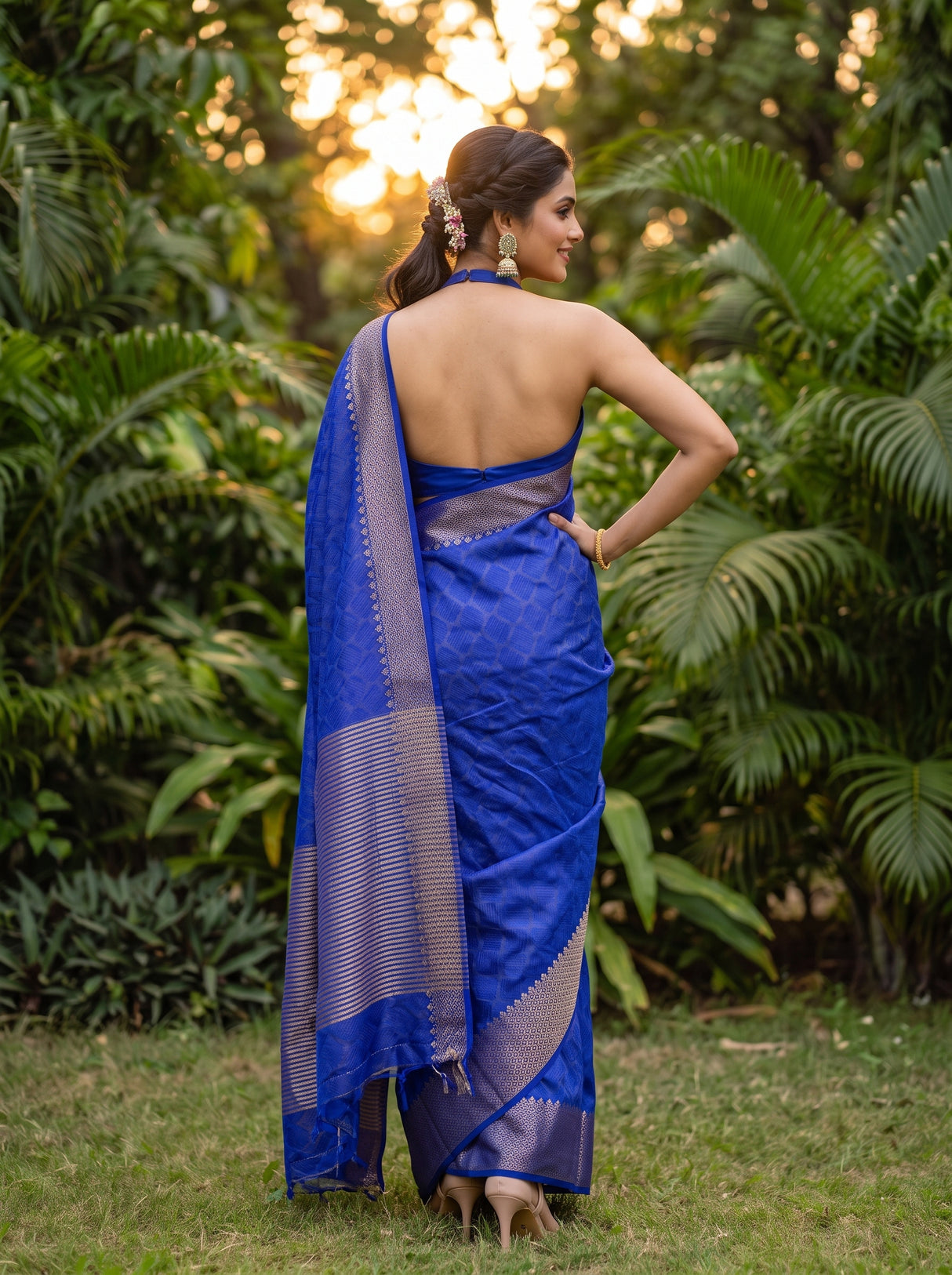 MIMOSA Royal Blue Banarasi tusser Saree — Saree pallu and body shot