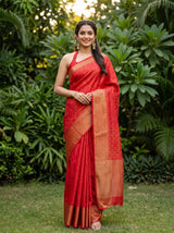 MIMOSA Strawberry Banarasi tusser Saree — AI Model lifestyle pose