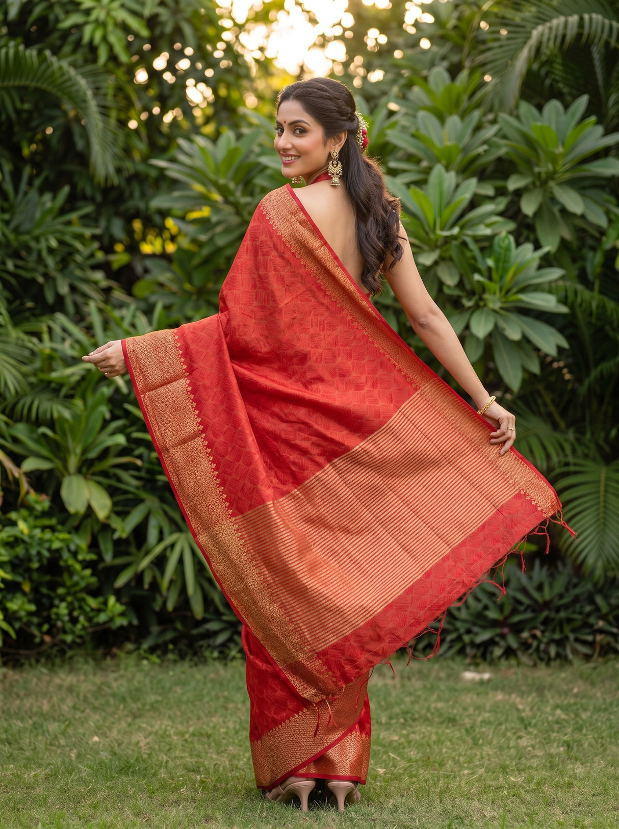 MIMOSA Strawberry Banarasi tusser Saree — Saree pallu and body shot