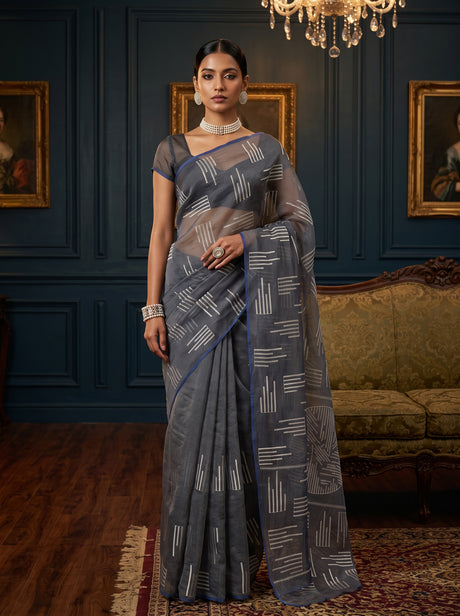 MIMOSA Grey Saree Saree — front view on mannequin