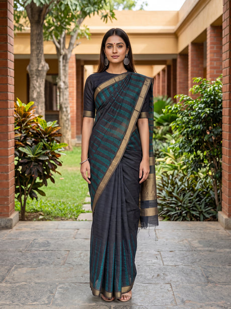 MIMOSA Navy Banarasi Saree — front view on mannequin