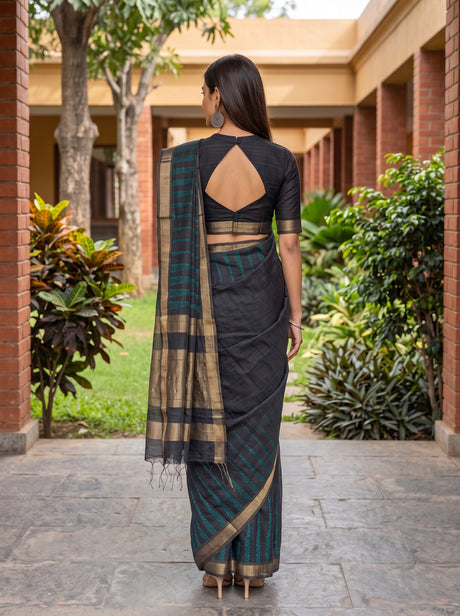 MIMOSA Navy Banarasi Saree — pose 2 styling detail