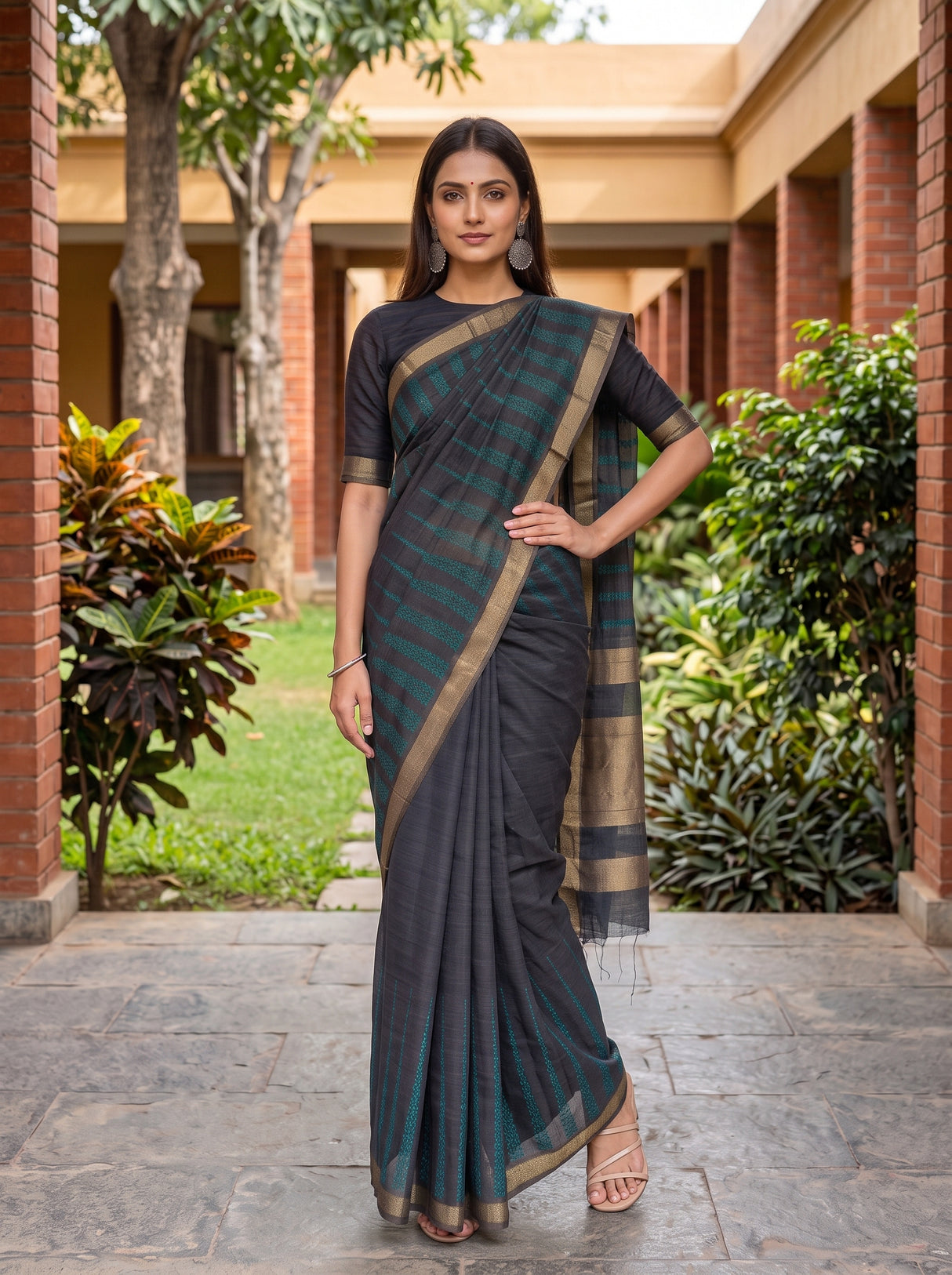 MIMOSA Navy Banarasi Saree — pose 4 styling detail