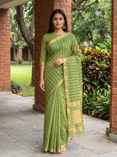 MIMOSA Parrot Green Banarasi Saree — front view on mannequin