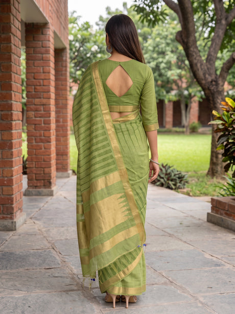 MIMOSA Parrot Green Banarasi Saree — pose 2 styling detail