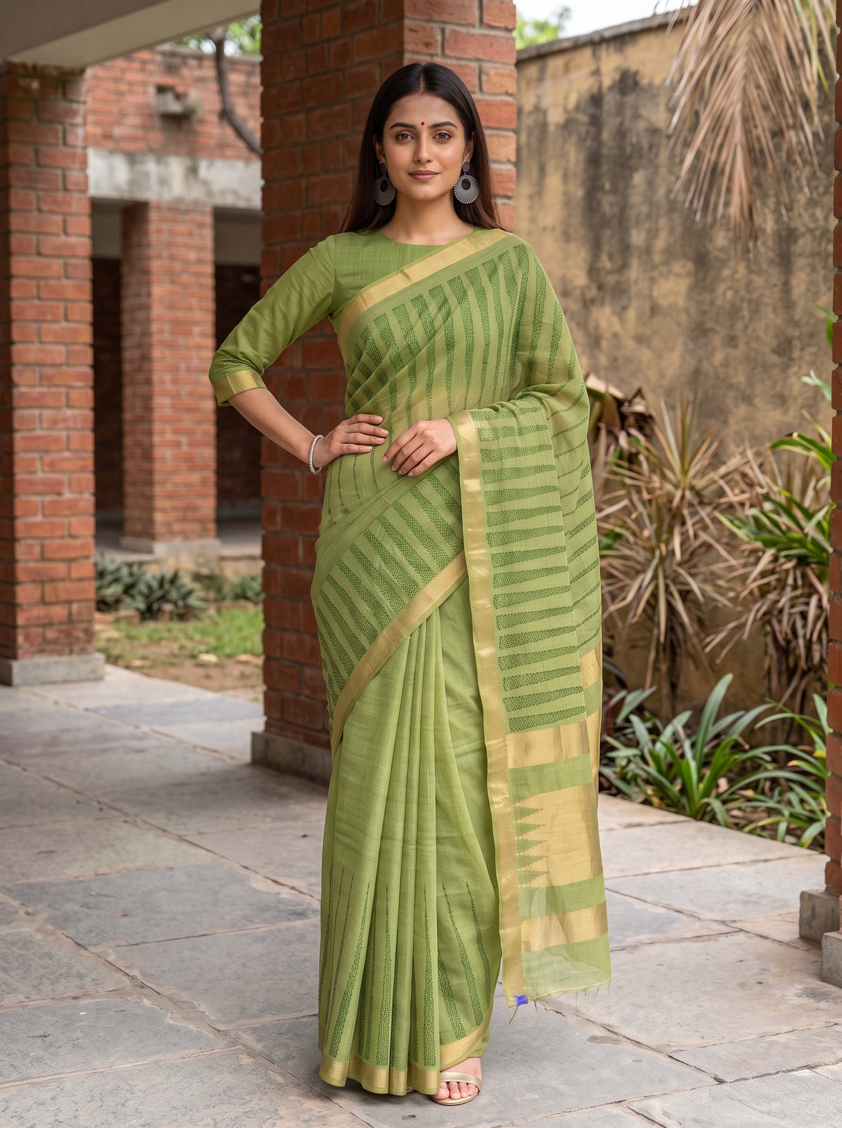 MIMOSA Parrot Green Banarasi Saree — pose 4 styling detail