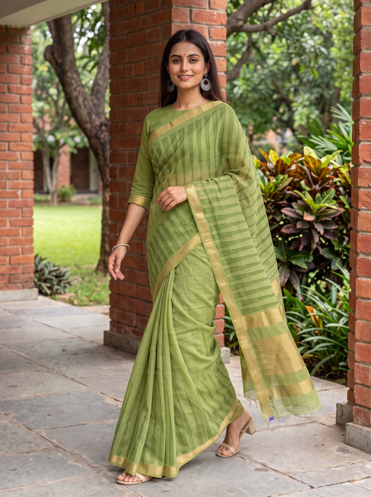 MIMOSA Parrot Green Banarasi Saree — pose 6 styling detail