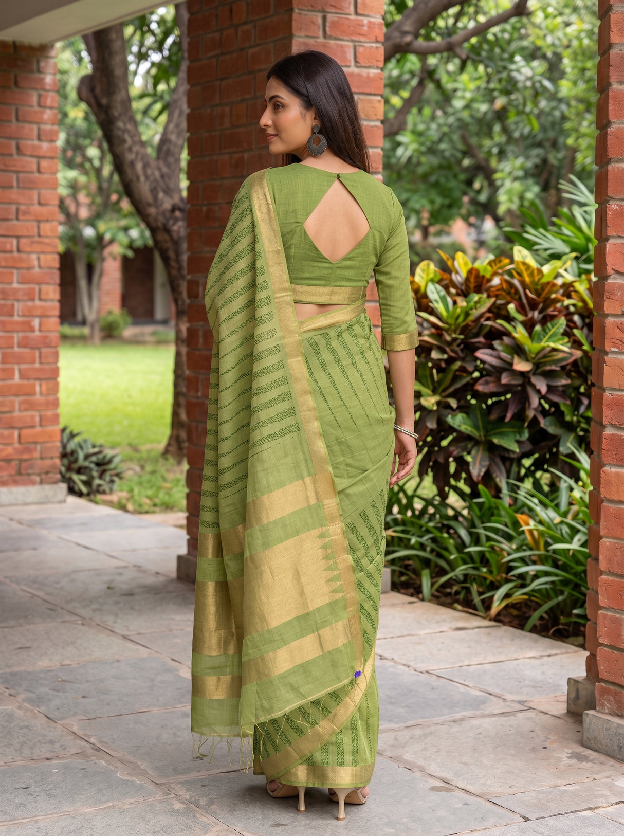 MIMOSA Parrot Green Banarasi Saree — pose 7 styling detail