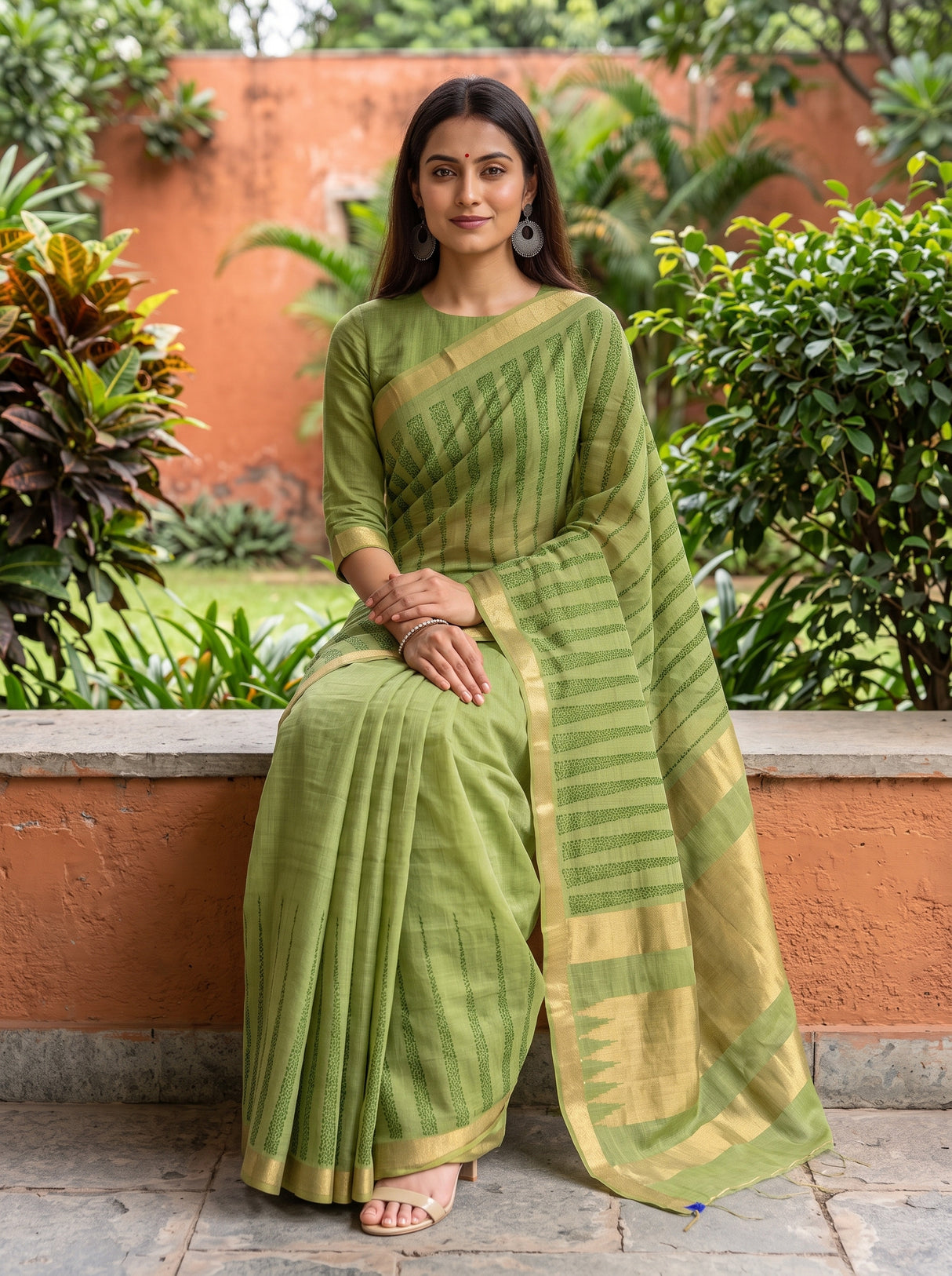MIMOSA Parrot Green Banarasi Saree — pose 8 styling detail