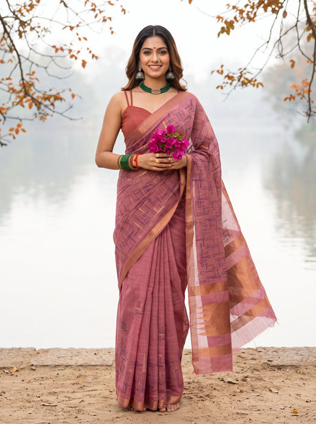 MIMOSA Gajari Banarasi tusser Saree — Model lifestyle pose