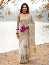 MIMOSA Half White Banarasi tusser Saree — Model lifestyle pose