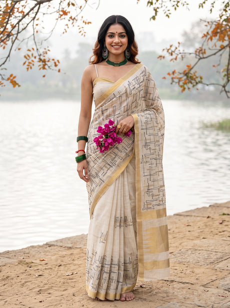 MIMOSA Half White Banarasi tusser Saree — Model lifestyle pose