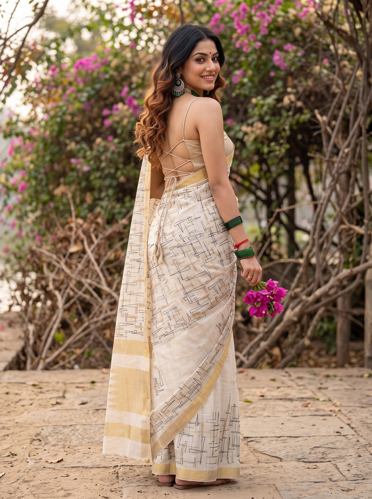 MIMOSA Half White Banarasi tusser Saree — pose 7 styling detail