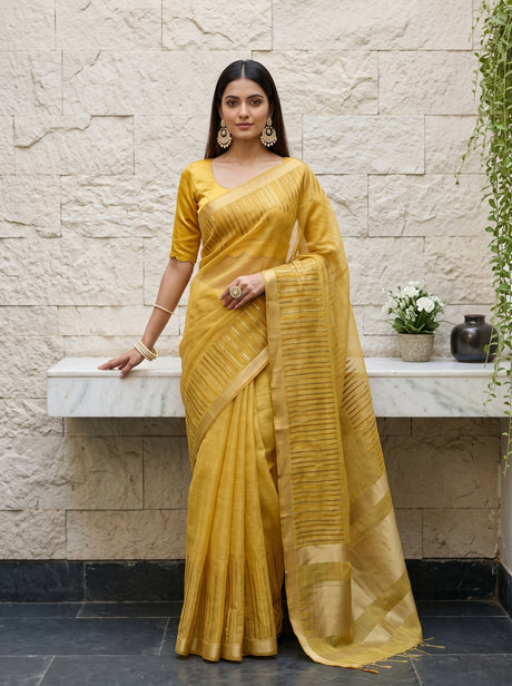 MIMOSA Gold Saree Saree — front view on mannequin