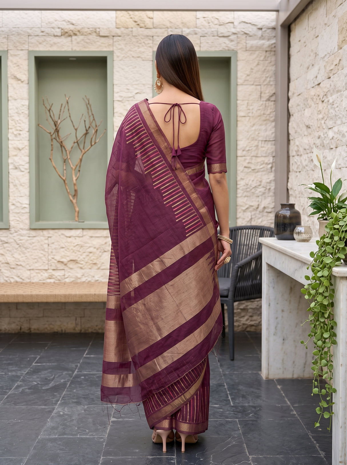 MIMOSA Wine Saree Saree — pose 2 styling detail