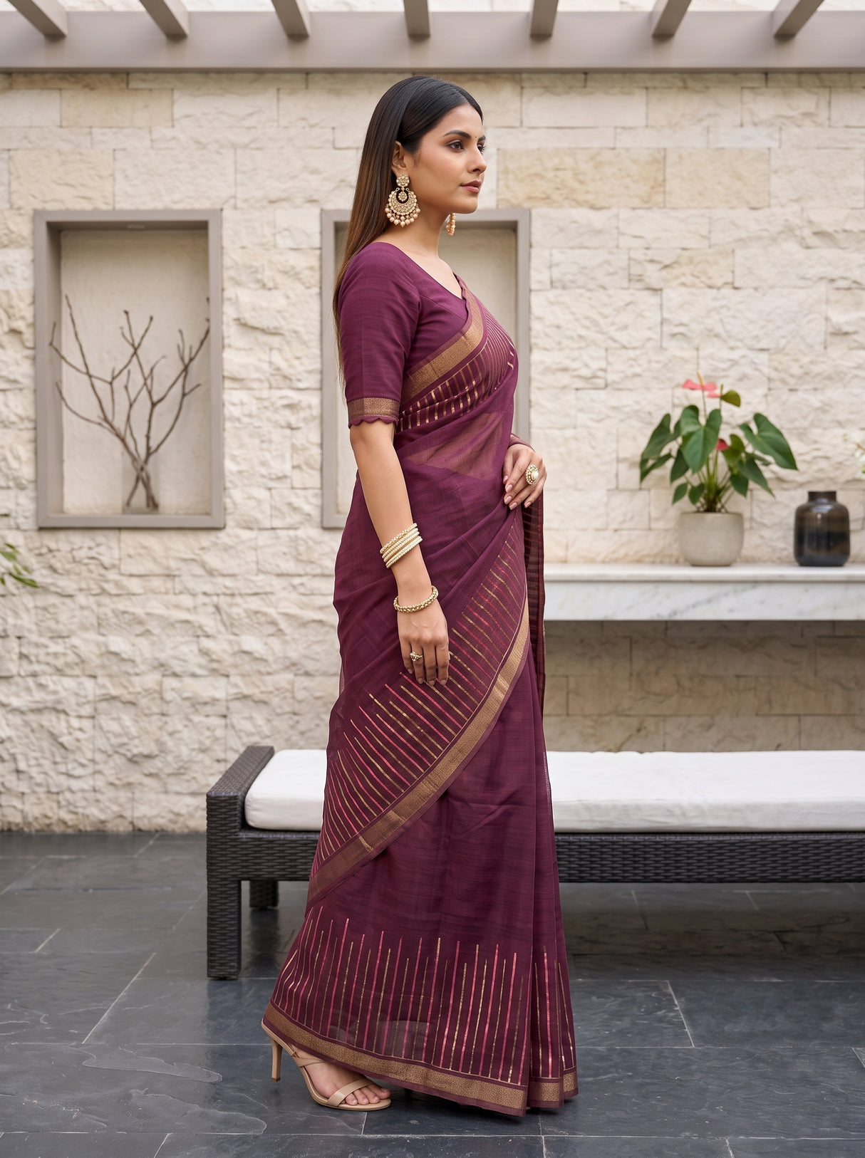MIMOSA Wine Saree Saree — pose 3 styling detail