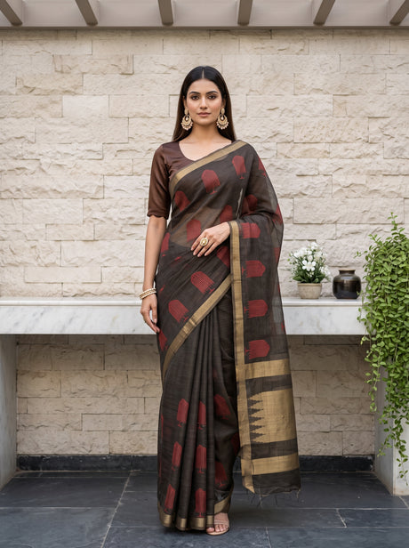 MIMOSA Black Banarasi tusser Saree — draped on model