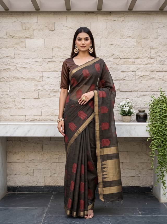 MIMOSA Black Banarasi tusser Saree — draped on model