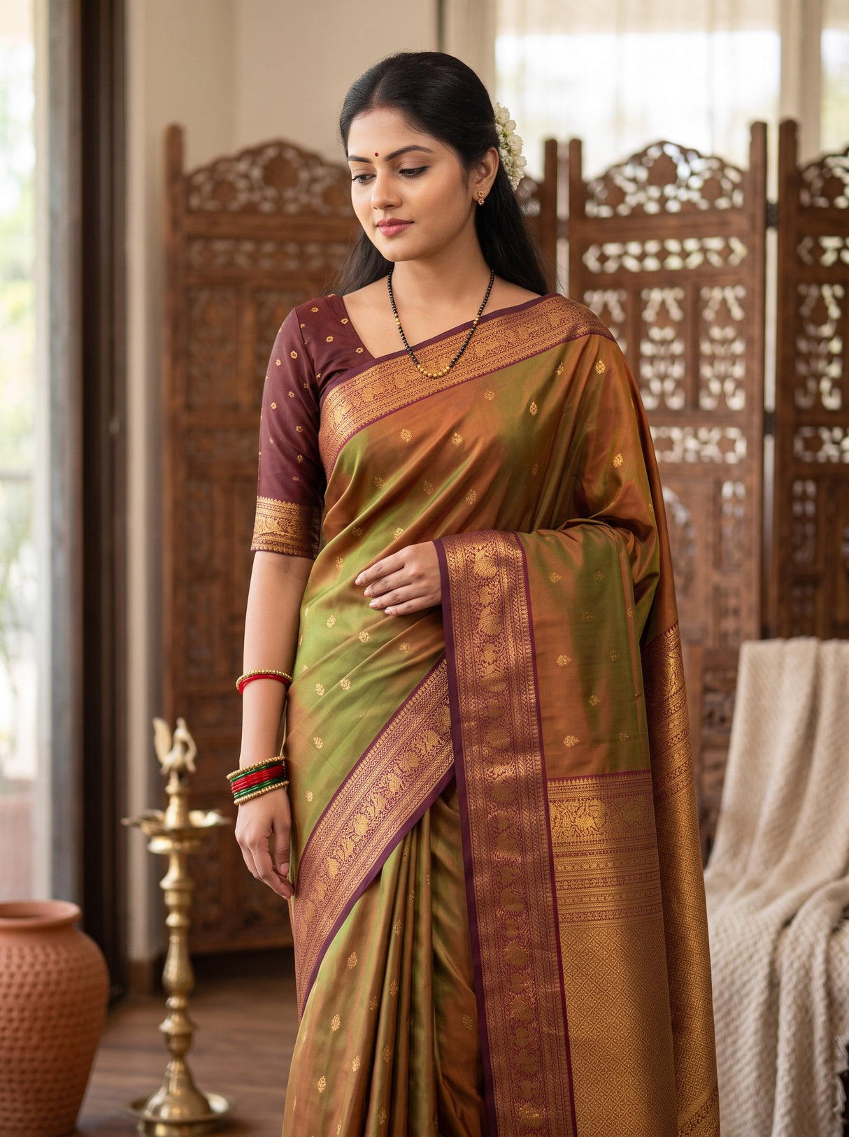 MIMOSA Olive Saree Saree — pose 10 styling detail