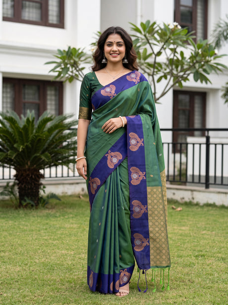 MIMOSA Green Kanjivaram Art silk Saree — AI model lifestyle pose